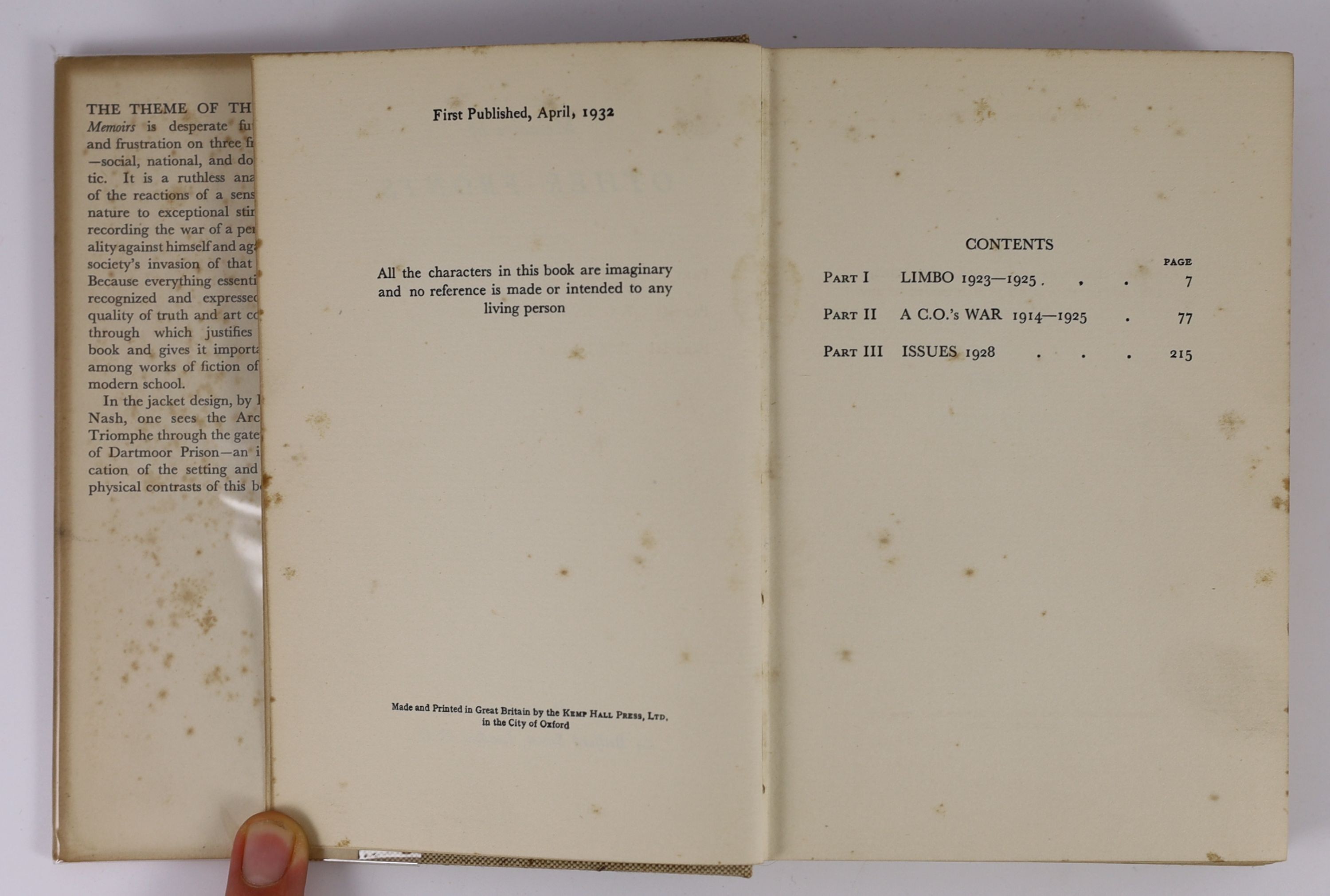 Anon (John Rodker) - Memoirs of Other Fronts. 1st ed. Publishers cloth with letters direct on spine and original printed d/j designed by Paul Nash. 8vo. Putnam, London, 1932.